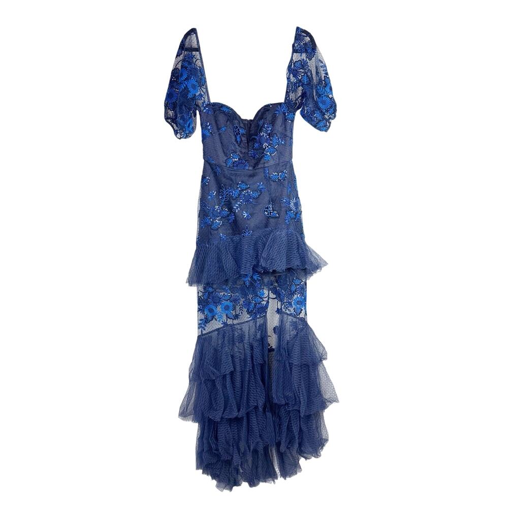 ALICE MCCALL Mystery Dress Gown Off Shoulder Ruffle Navy Ocean Blue US 4 - Picture 3 of 10